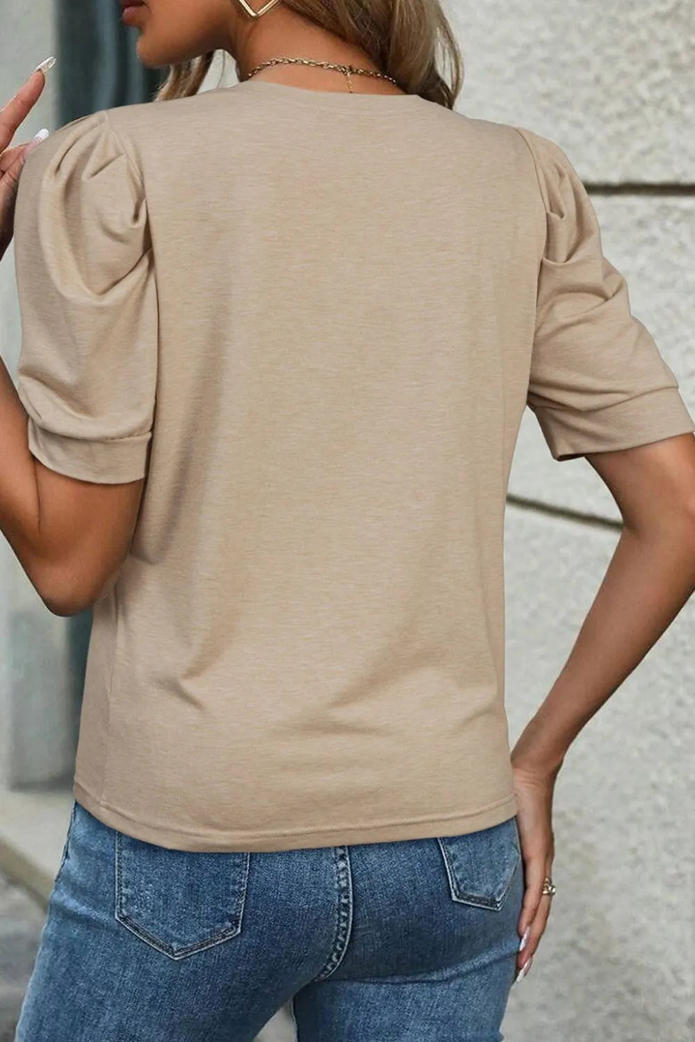 Round Neck Puff Sleeve Casual T-Shirt-Nordavory