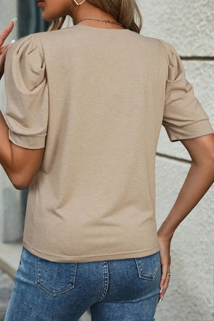 Round Neck Puff Sleeve Casual T-Shirt-Nordavory