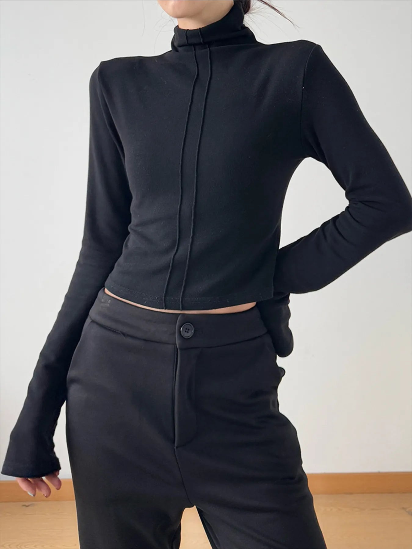 High Neck Long Sleeve Cropped T-Shirt-Nordavory