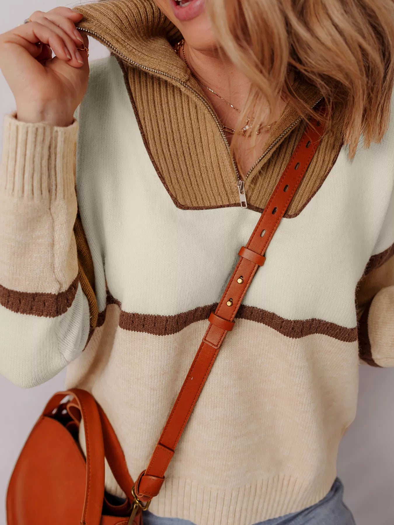Color Block Zipped Collared Sweater-Nordavory