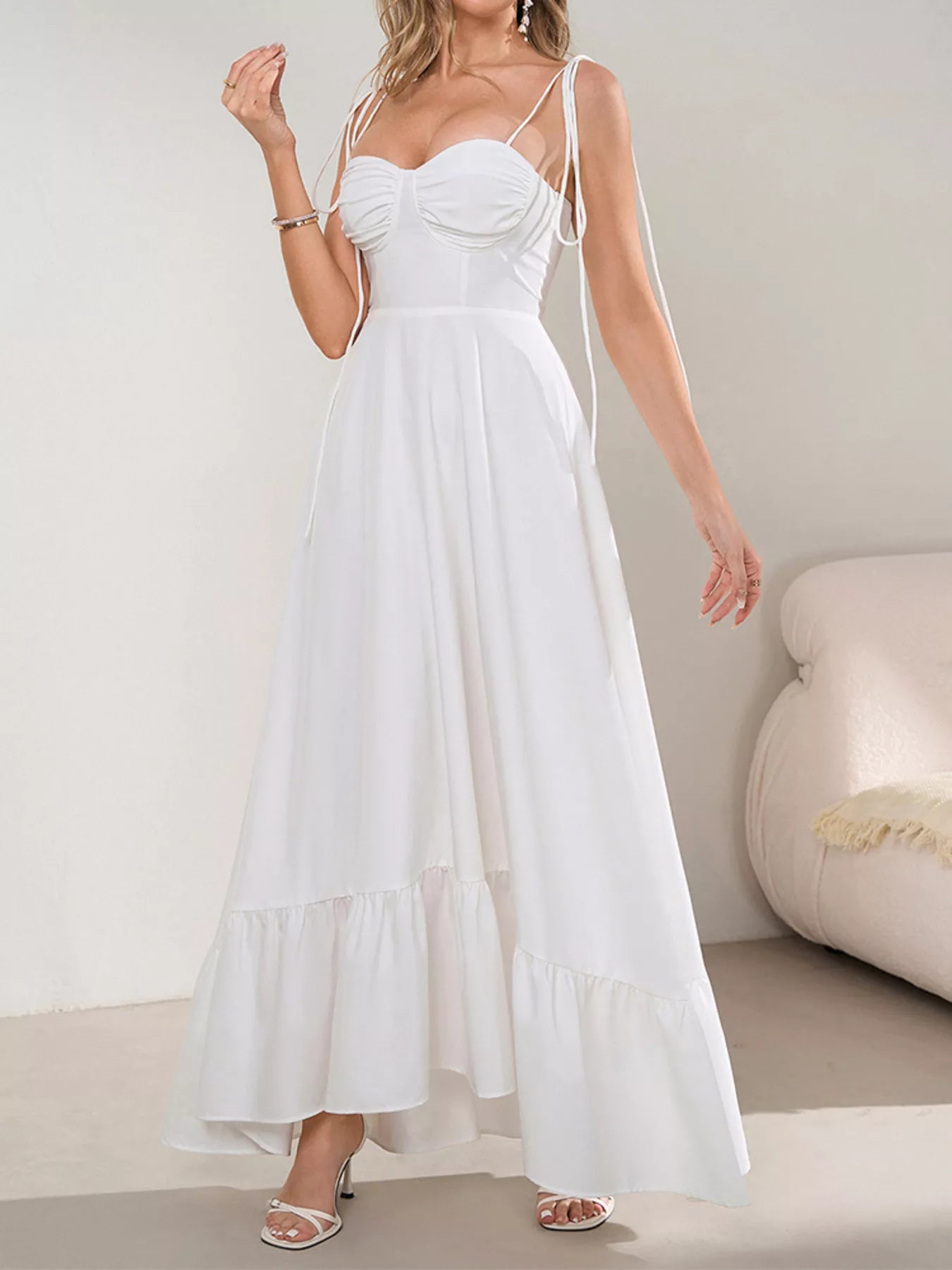 Sweetheart Neck Tie-Strap Ruffle Hem Maxi Dress-Nordavory