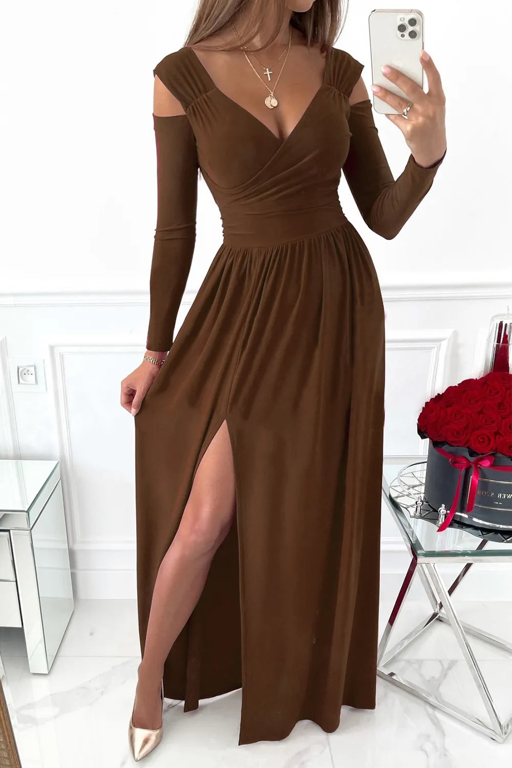 Slit Surplice Long Sleeve Maxi Dress-Nordavory