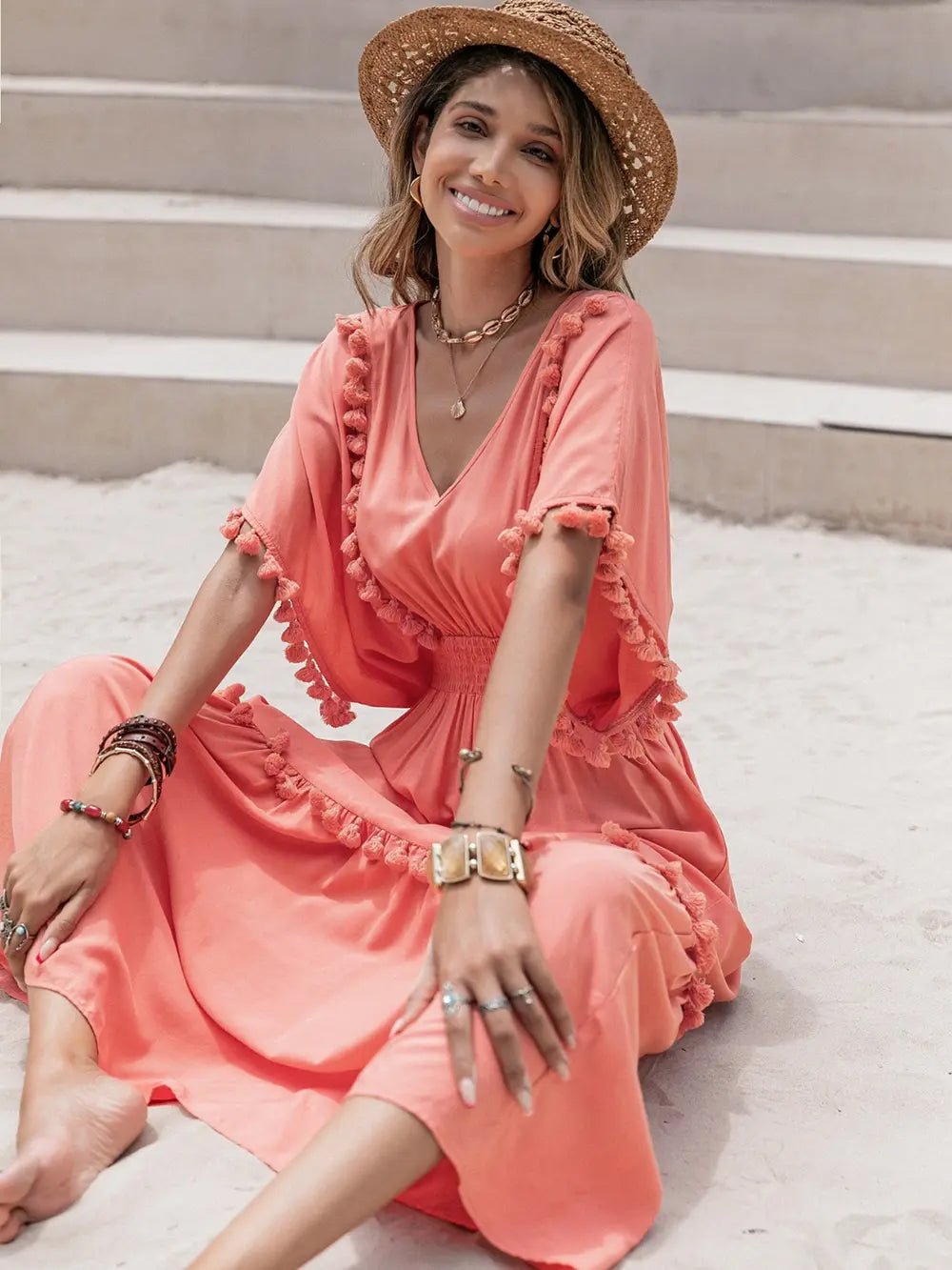 Tassel Trim Smocked V-Neck Short Sleeve Dress-Nordavory