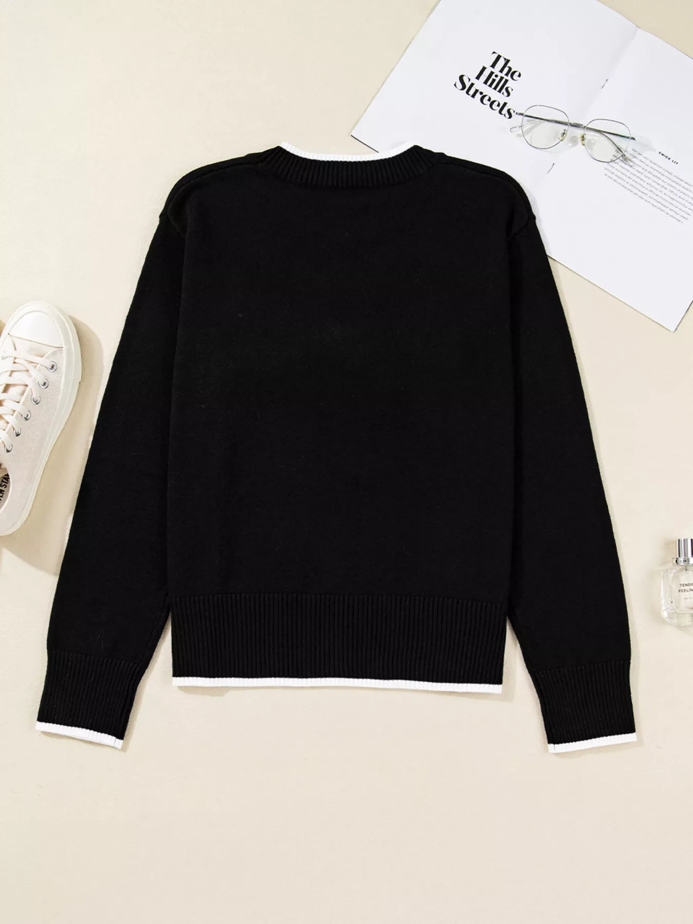 Contrast Trim Bow Accent Holiday Cropped Sweater-Nordavory