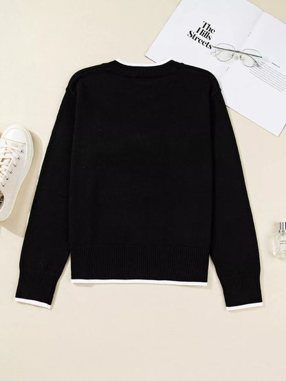 Contrast Trim Bow Accent Holiday Cropped Sweater-Nordavory