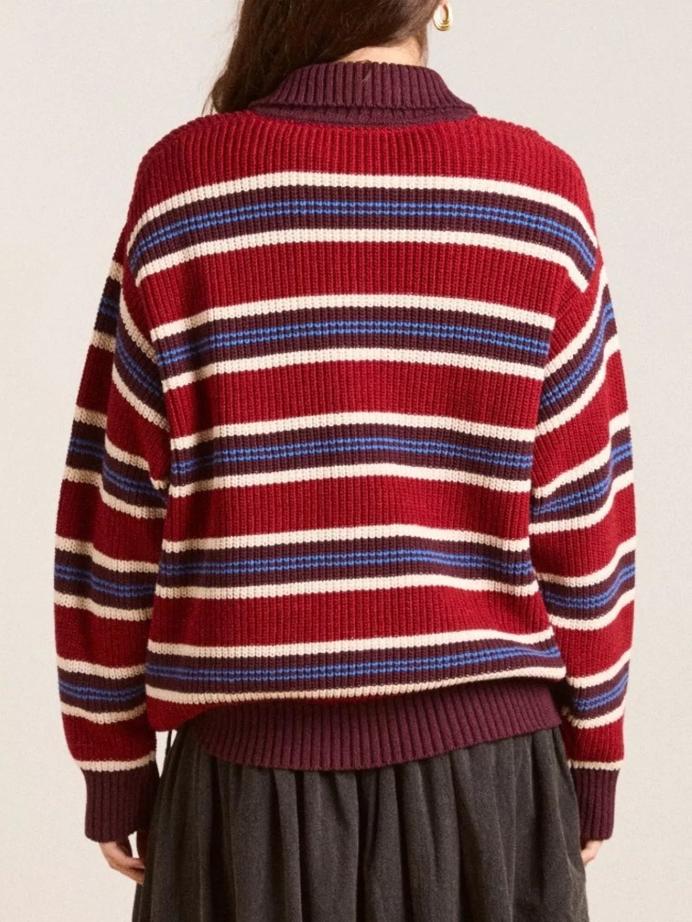 Striped Button Detail Polo Collar Sweater-Nordavory