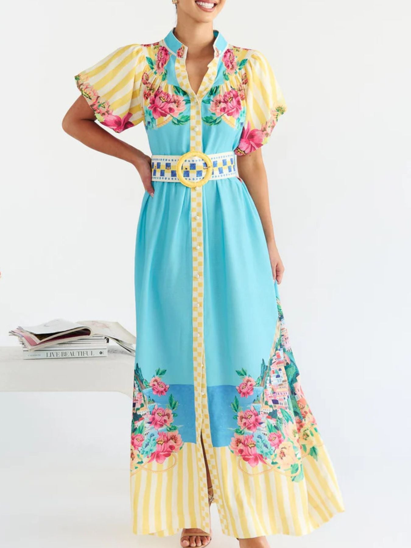 Printed Button Front Puff Sleeve Maxi Dress-Nordavory