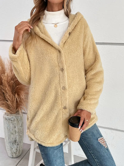 Fuzzy Button Up Hooded Jacket-Nordavory
