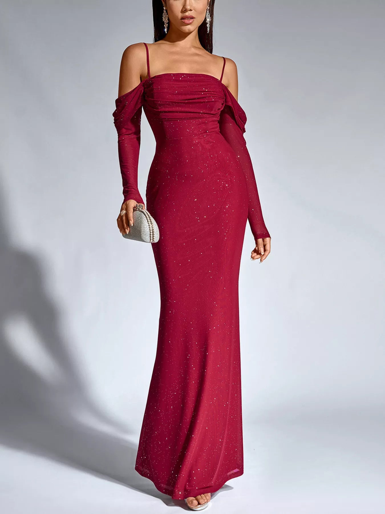 Glitter Ruched Long Sleeve Mermaid Maxi Dress-Nordavory