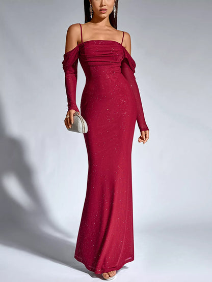 Glitter Ruched Long Sleeve Mermaid Maxi Dress-Nordavory