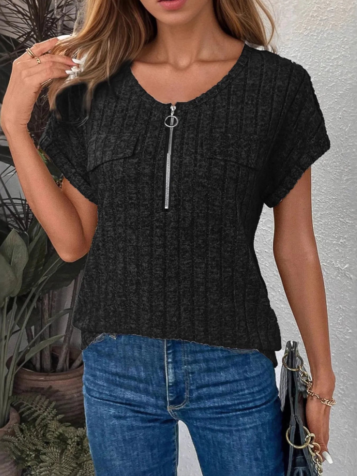 Zip-Front Short Sleeve T-Shirt-Nordavory