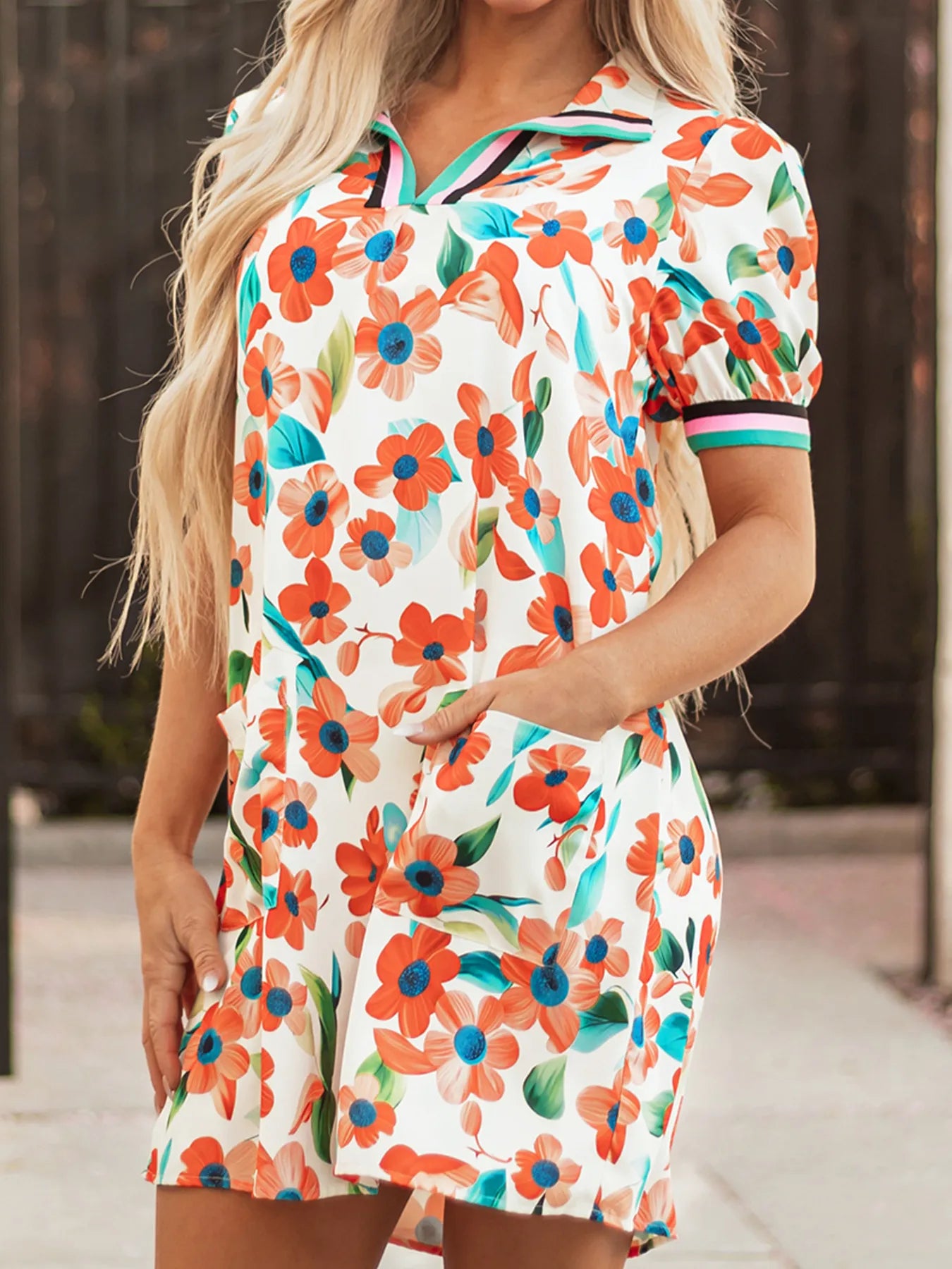 Contrast Trim Floral Split Neck Puff Short Sleeve Tiered Mini Dress-Nordavory