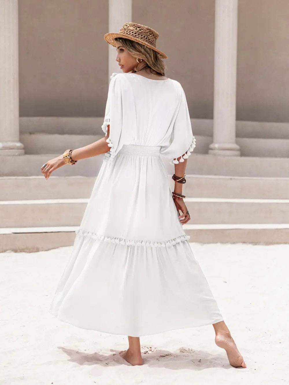 Tassel Trim Smocked V-Neck Short Sleeve Dress-Nordavory