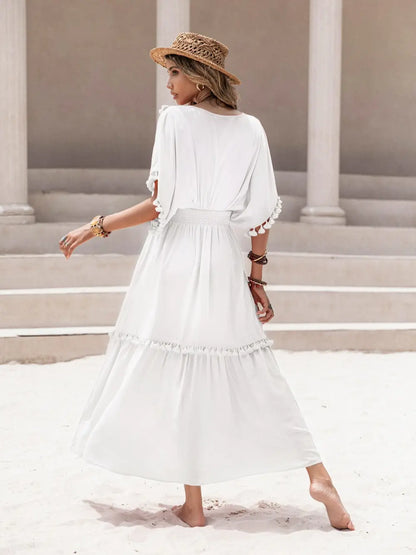 Tassel Trim Smocked V-Neck Short Sleeve Dress-Nordavory