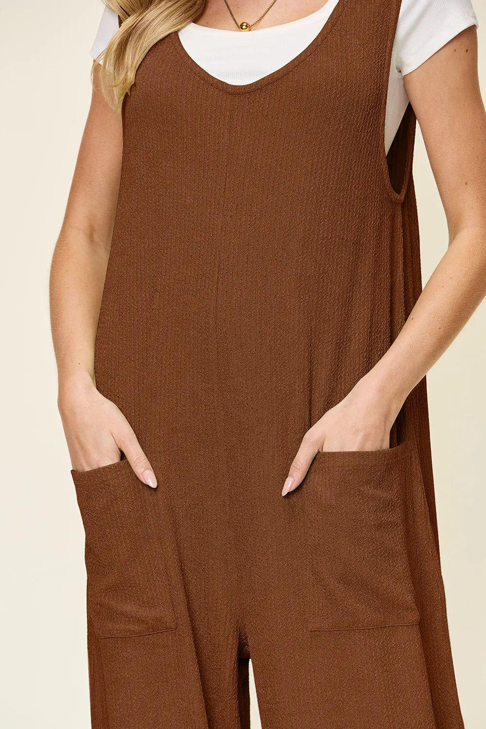 Double Take Full Size Texture Sleeveless Wide Leg Jumpsuit-Nordavory