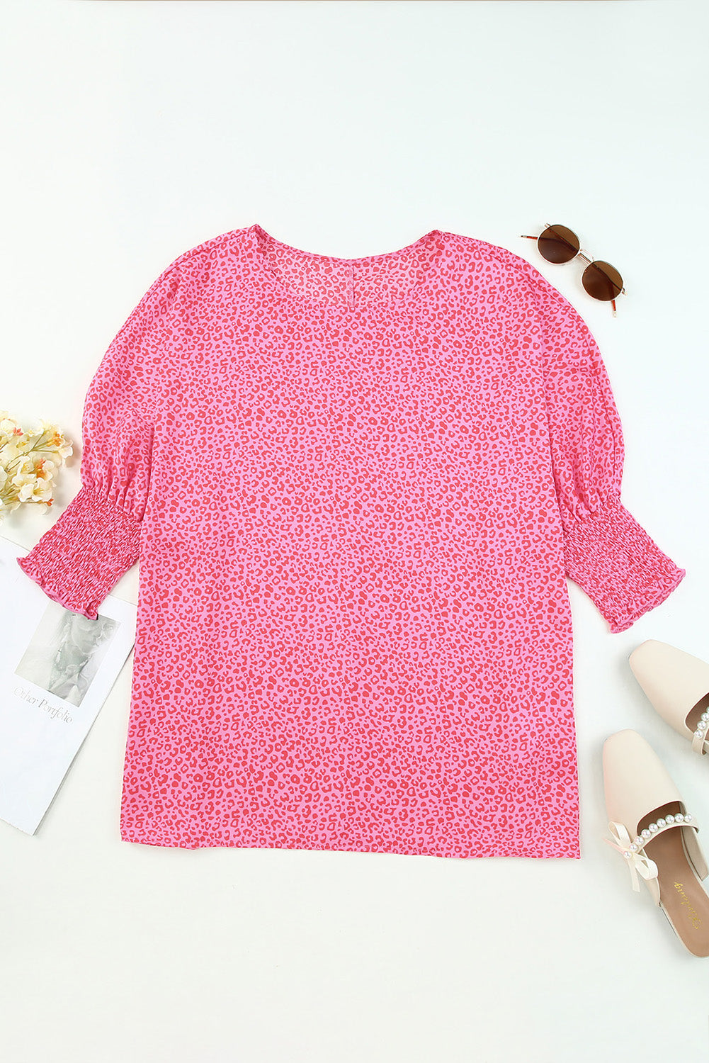 Leopard Smocked Flounce Sleeve Blouse-Nordavory