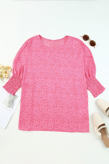 Leopard Smocked Flounce Sleeve Blouse-Nordavory