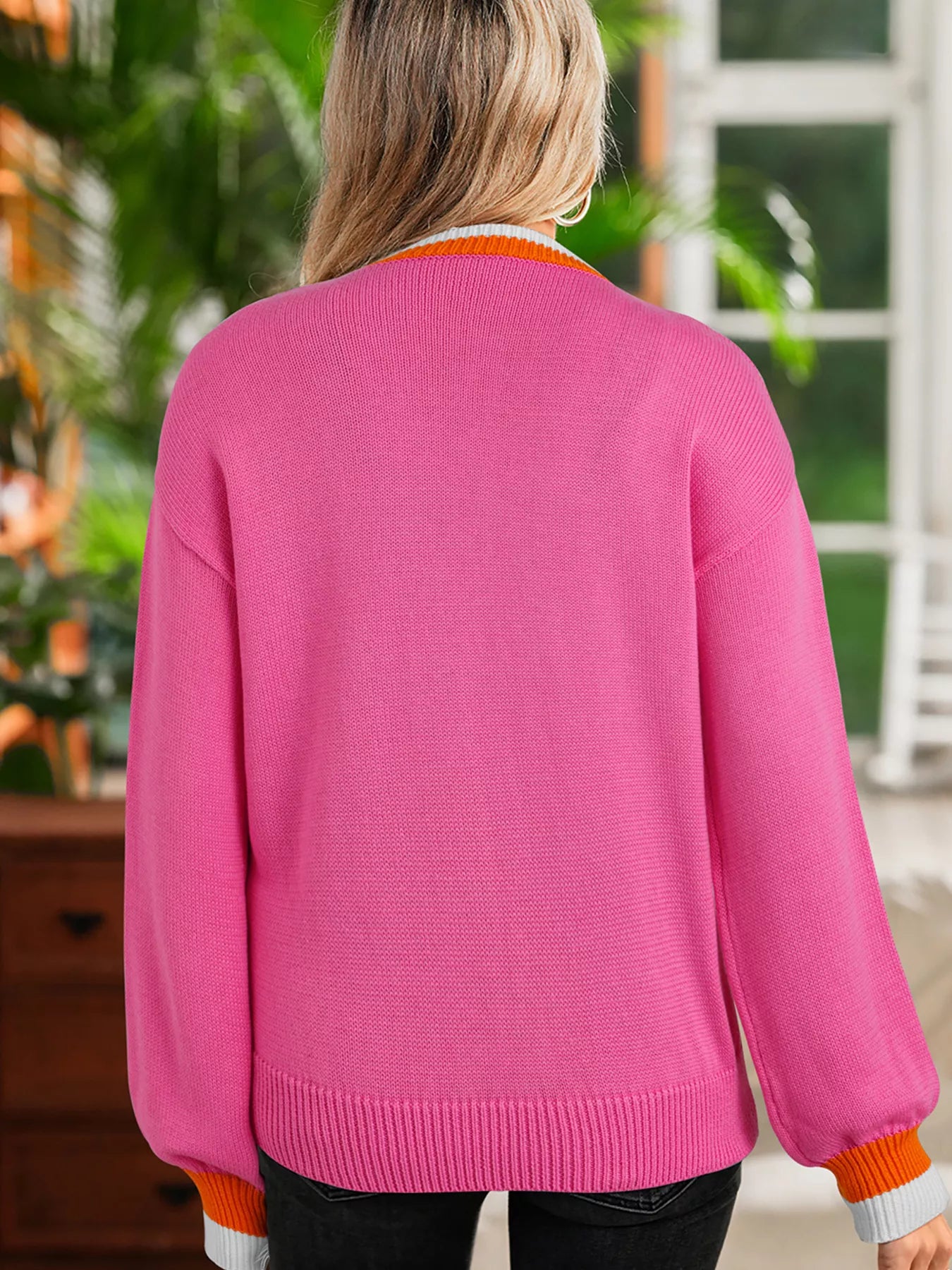 Contrast Crew Neck Pearled Decor Drop Shoulder Knit Sweater-Nordavory
