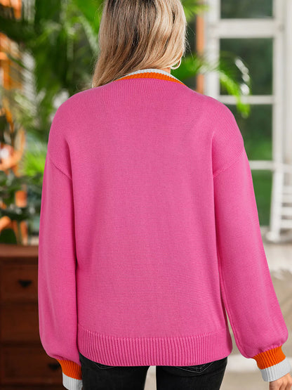 Contrast Crew Neck Pearled Decor Drop Shoulder Knit Sweater-Nordavory