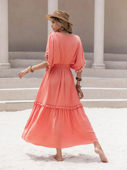 Tassel Trim Smocked V-Neck Short Sleeve Dress-Nordavory