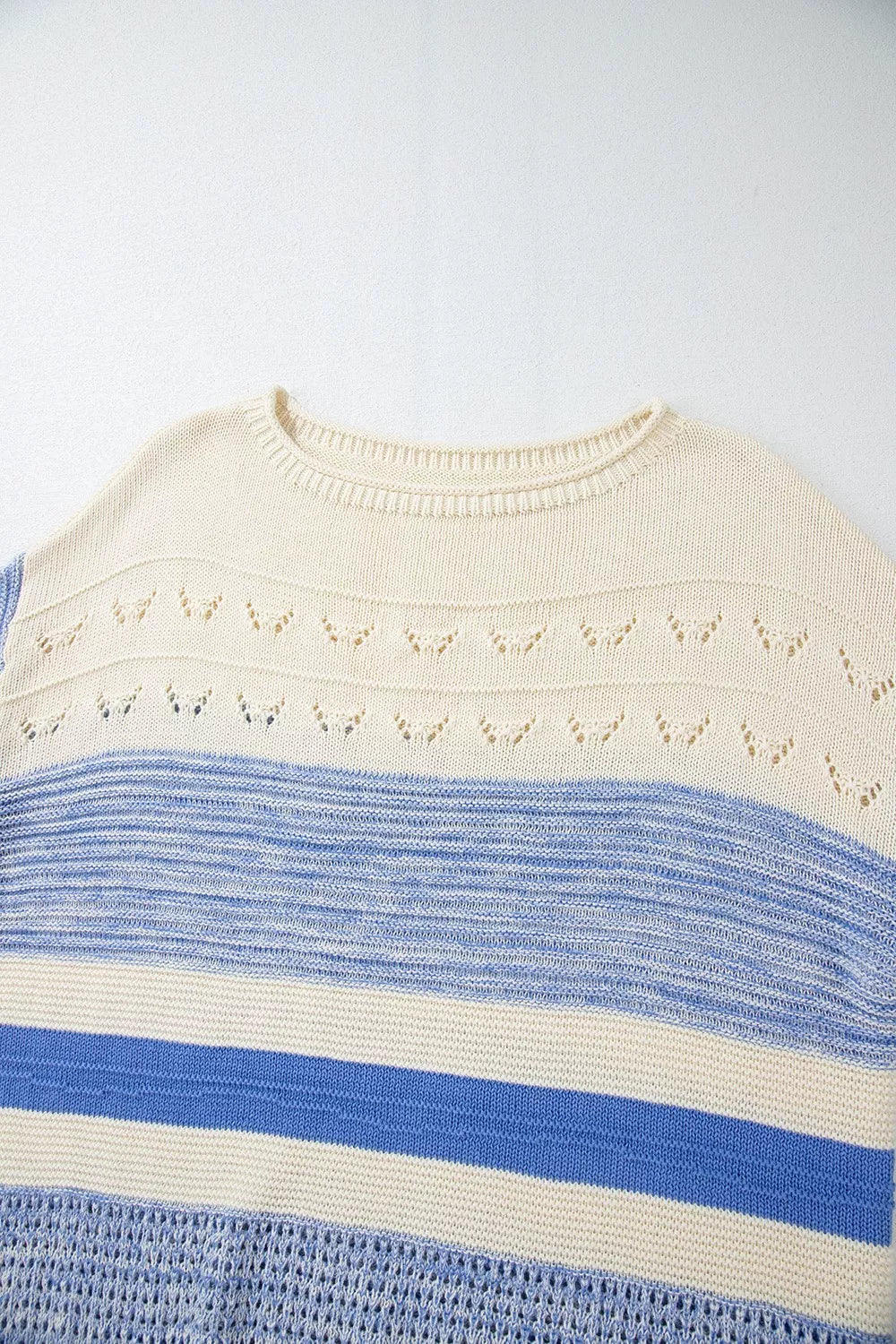 Openwork Striped Knit Long Sleeve Sweater-Nordavory