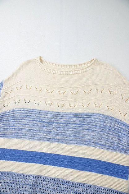 Openwork Striped Knit Long Sleeve Sweater-Nordavory