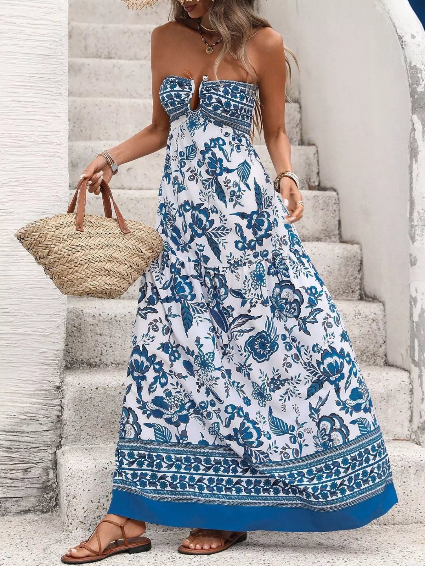 Floral Print Strapless Maxi Dress-Nordavory