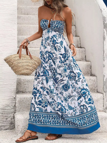 Floral Print Strapless Maxi Dress-Nordavory