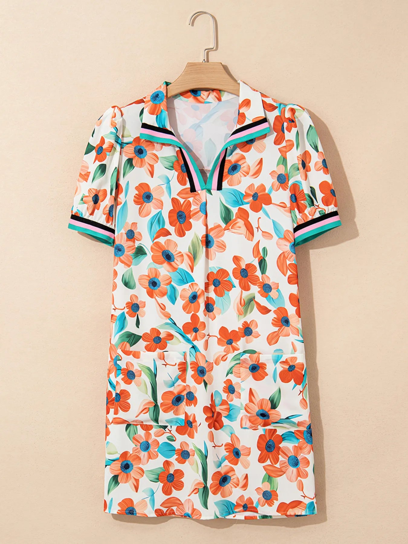 Contrast Trim Floral Split Neck Puff Short Sleeve Tiered Mini Dress-Nordavory
