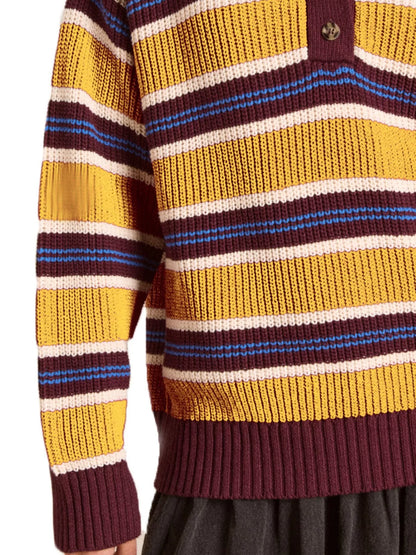 Striped Button Detail Polo Collar Sweater-Nordavory