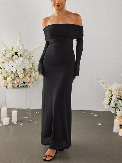 Off-Shoulder Ruched Long Sleeve Maxi Dress-Nordavory