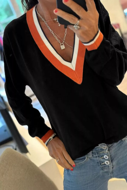 Contrast Striped Trim V Neck Varsity Sweater-Nordavory