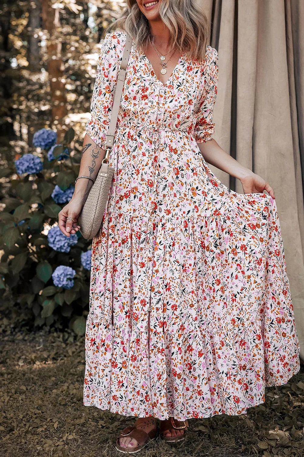 Boho Half Sleeve Floral V Neck Maxi Dress-Nordavory