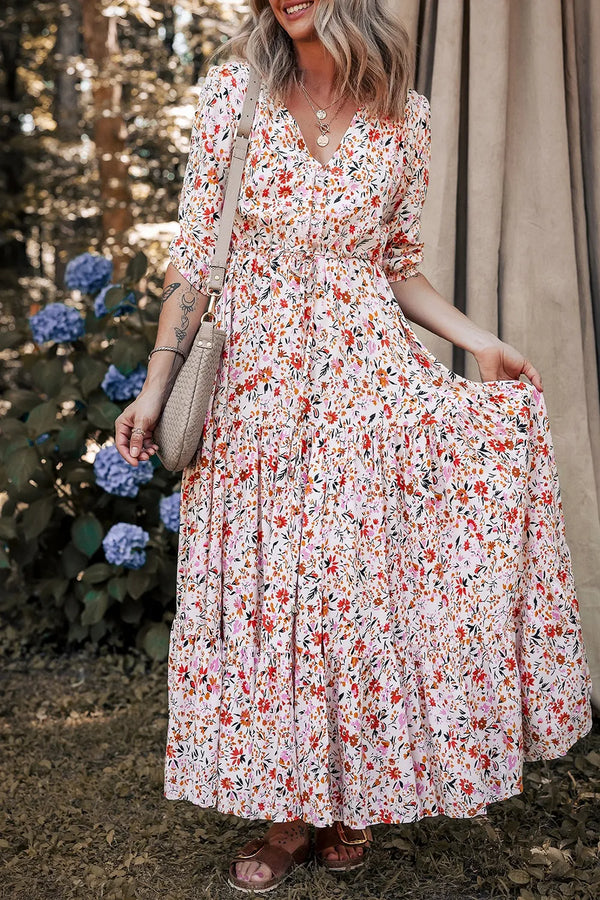 Boho Half Sleeve Floral V Neck Maxi Dress-Nordavory