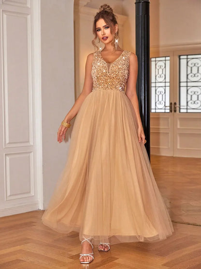 Sequin V-Neck Sleeveless Dress-Nordavory