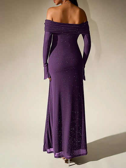 Glitter Off-Shoulder Maxi Dress-Nordavory