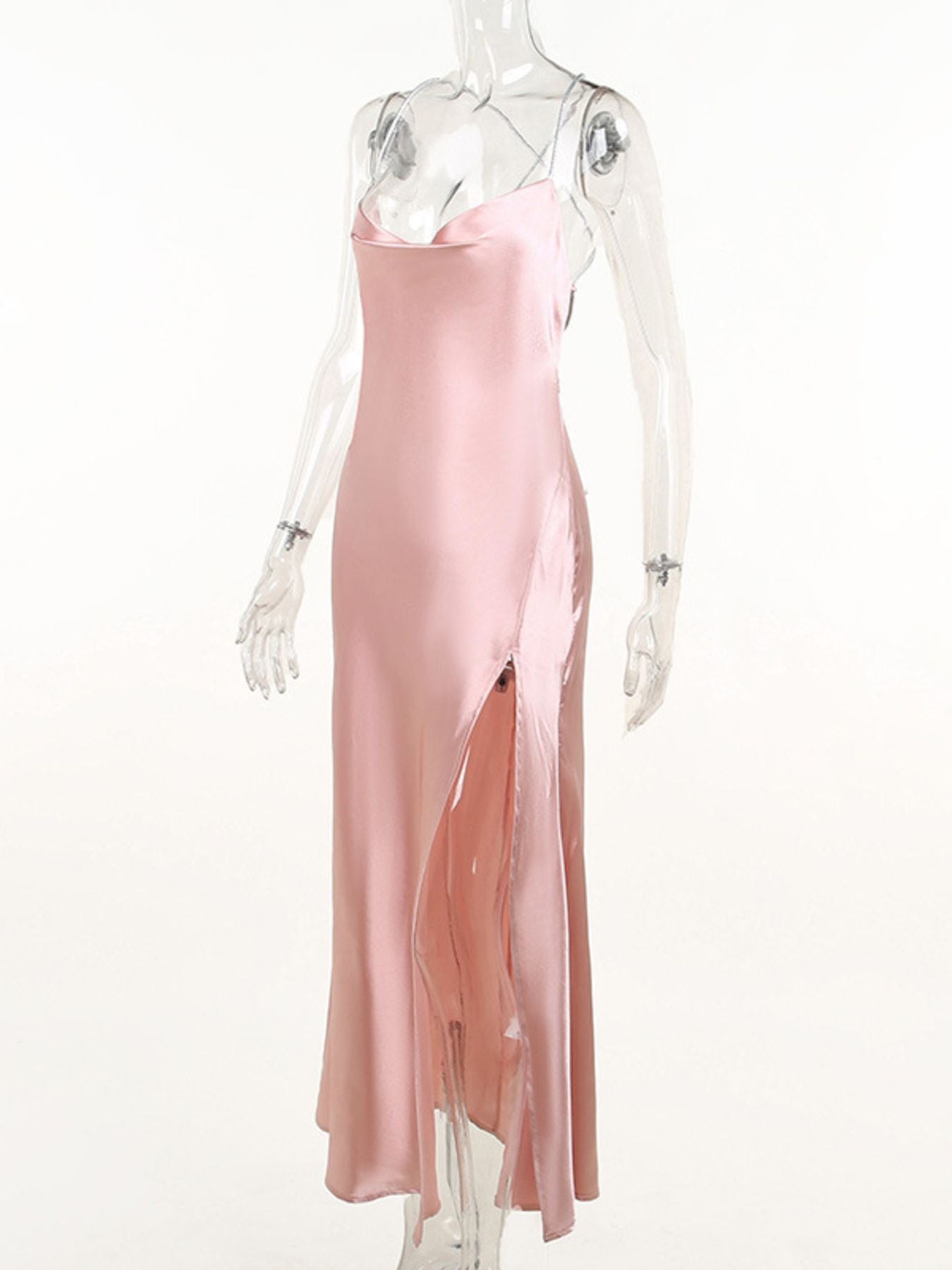 Slinky Satin Cowl Neck High Slit Dress with Back Lace Up-Nordavory