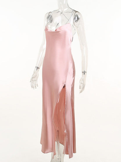 Slinky Satin Cowl Neck High Slit Dress with Back Lace Up-Nordavory