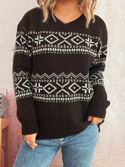 Geometric Dropped Shoulder Long Sleeve Sweater-Nordavory
