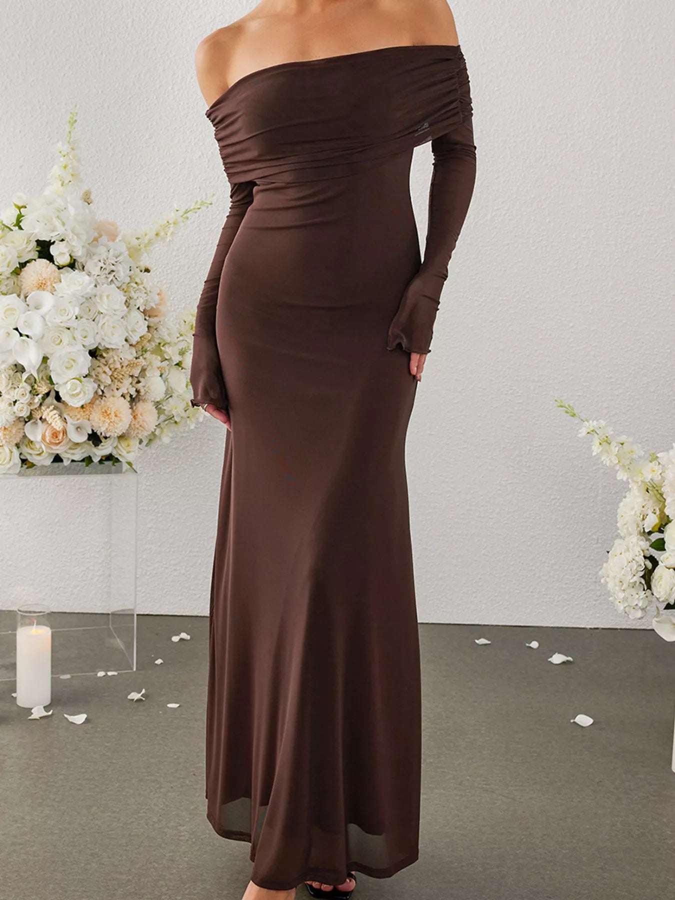 Off-Shoulder Ruched Long Sleeve Maxi Dress-Nordavory