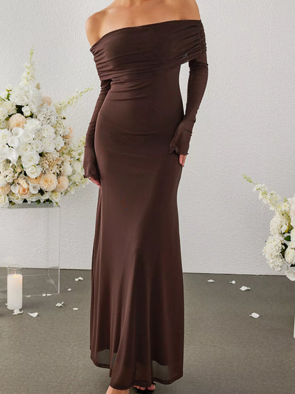 Off-Shoulder Ruched Long Sleeve Maxi Dress-Nordavory