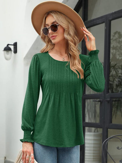 Smocked Round Neck Lantern Sleeve Blouse-Nordavory