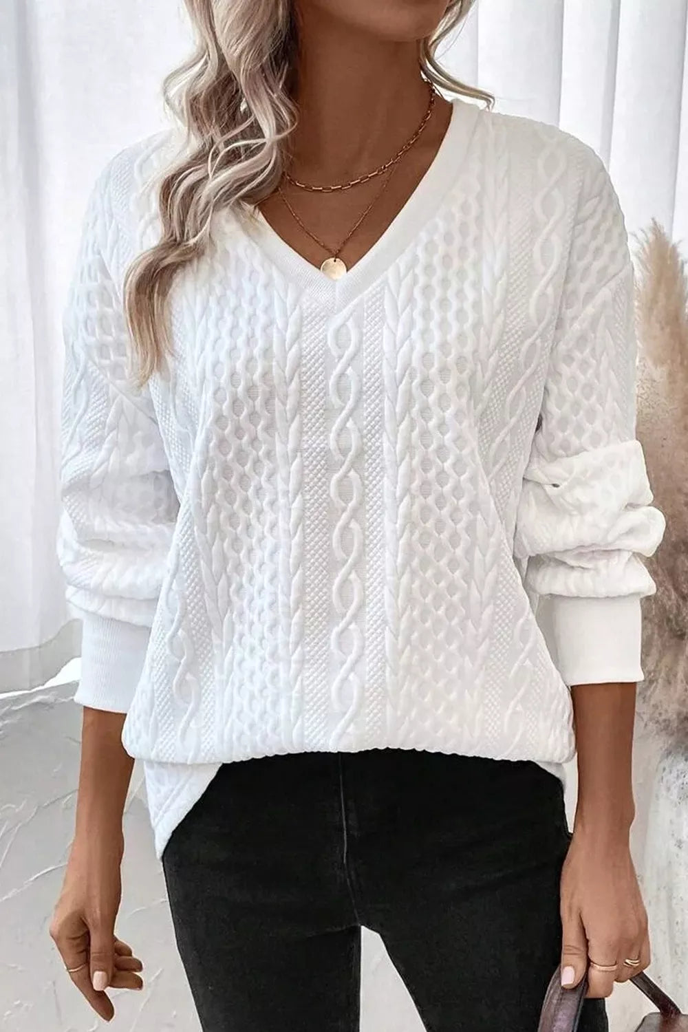 Solid Color Textured V Neck Drop Shoulder Knit Top-Nordavory