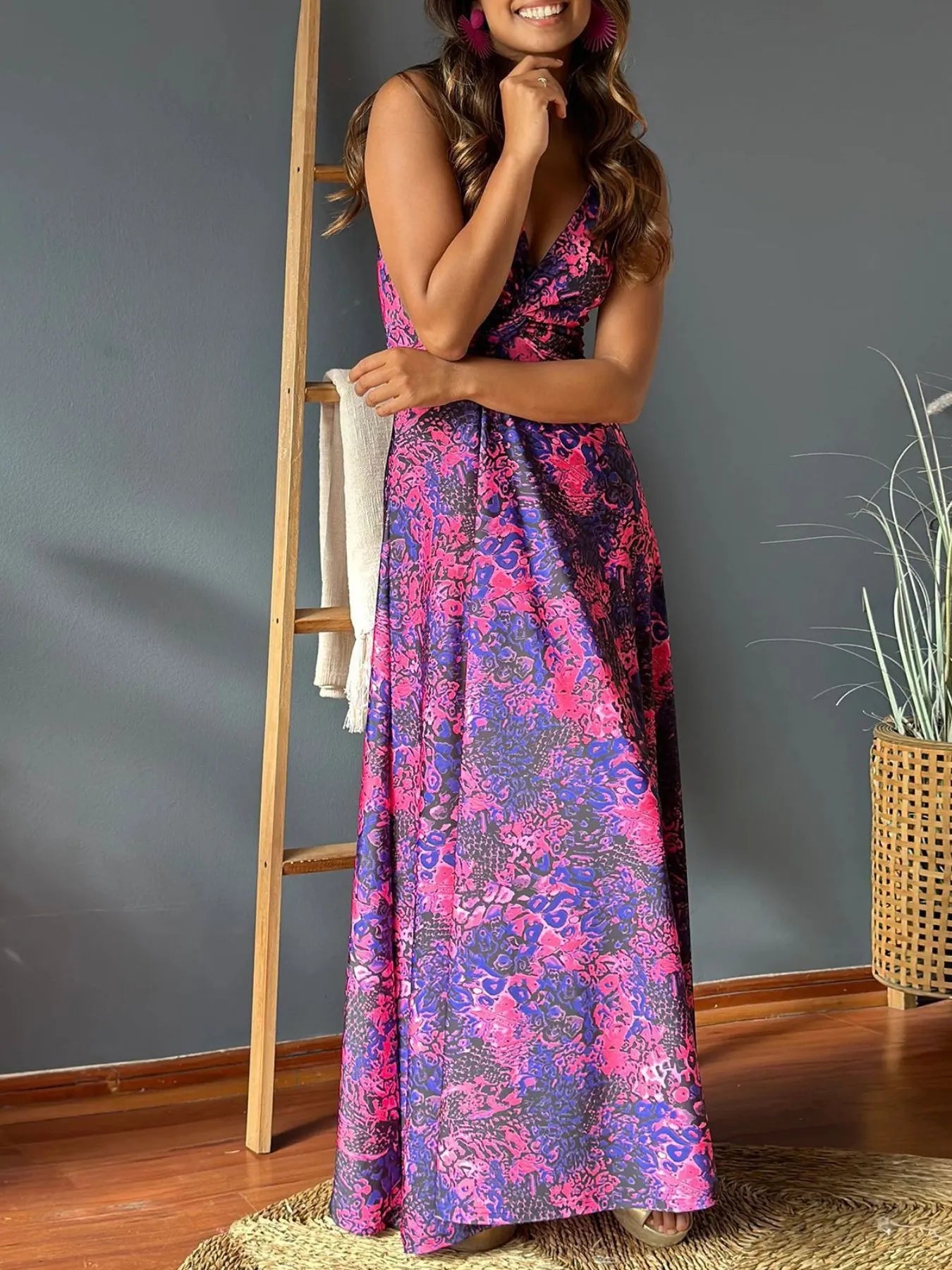 Tropical Print V-Neck Maxi Dress-Nordavory