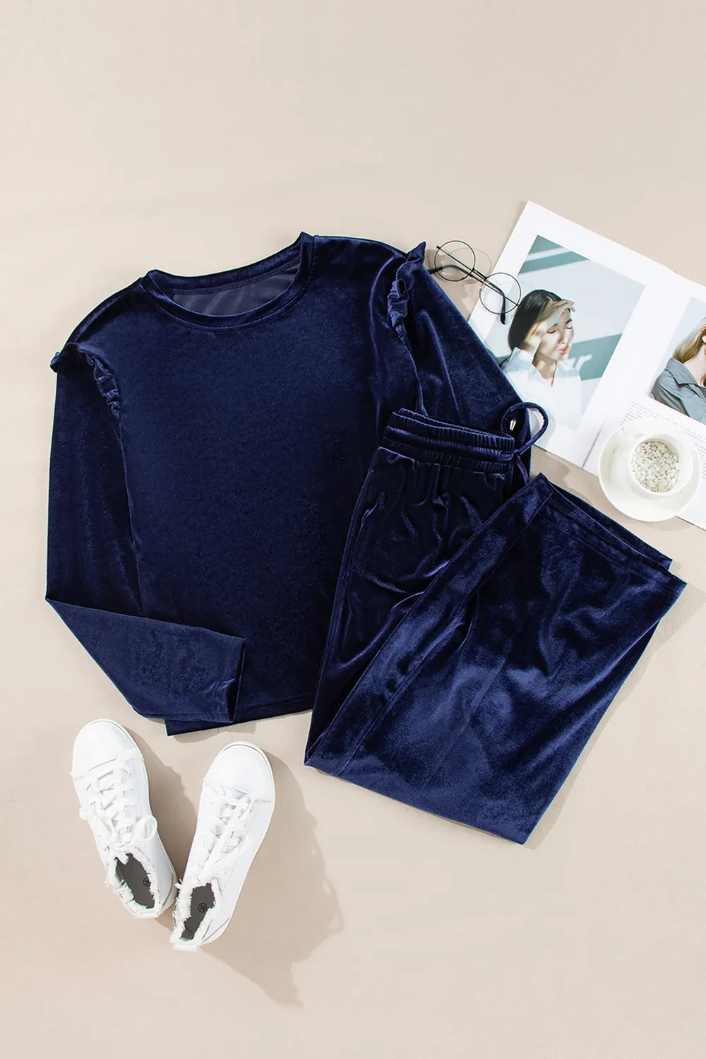 Frill Round Neck Long Sleeve Top and Pants Set-Nordavory