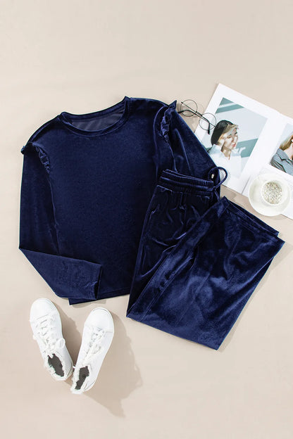Frill Round Neck Long Sleeve Top and Pants Set-Nordavory