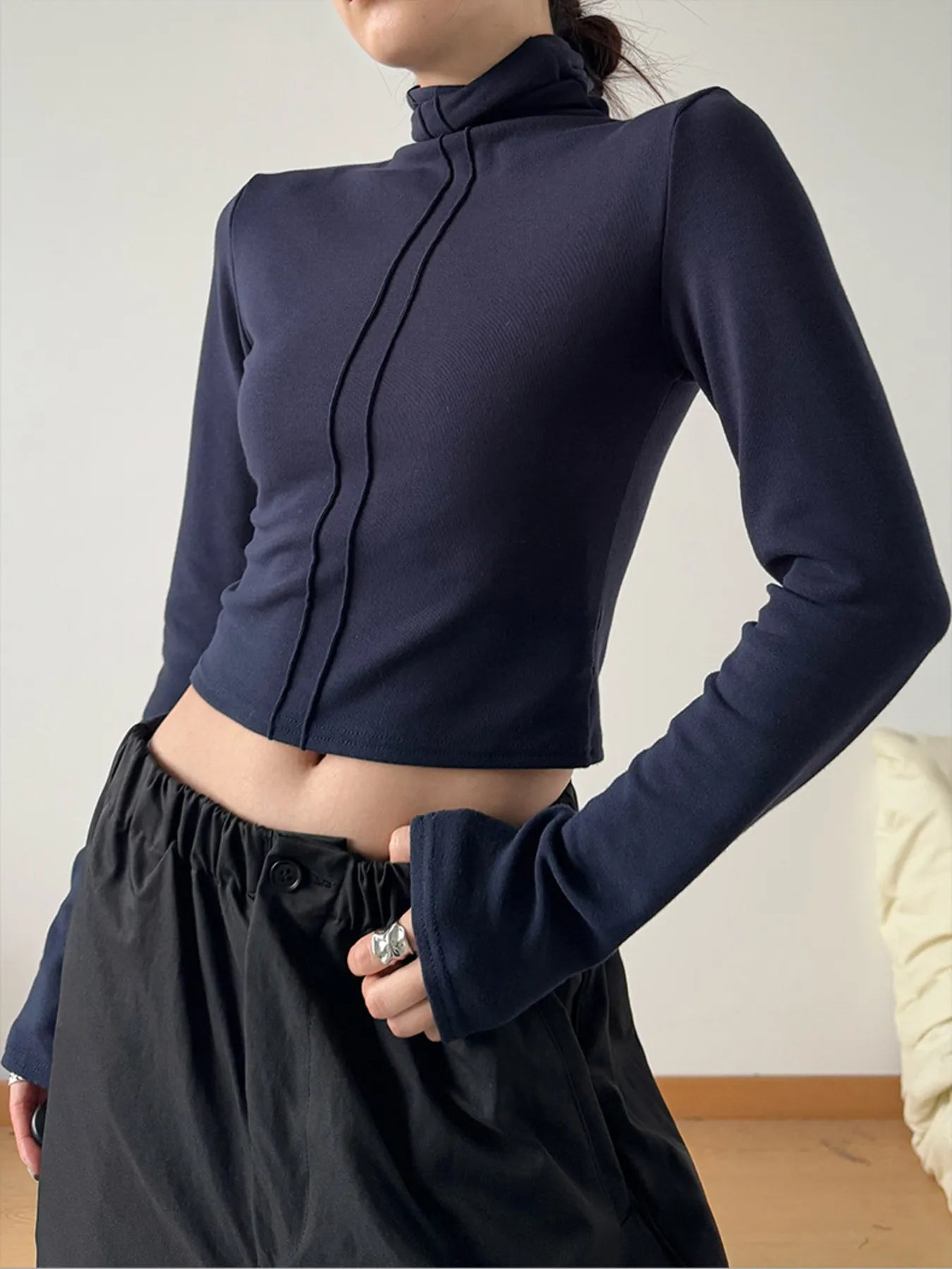High Neck Long Sleeve Cropped T-Shirt-Nordavory