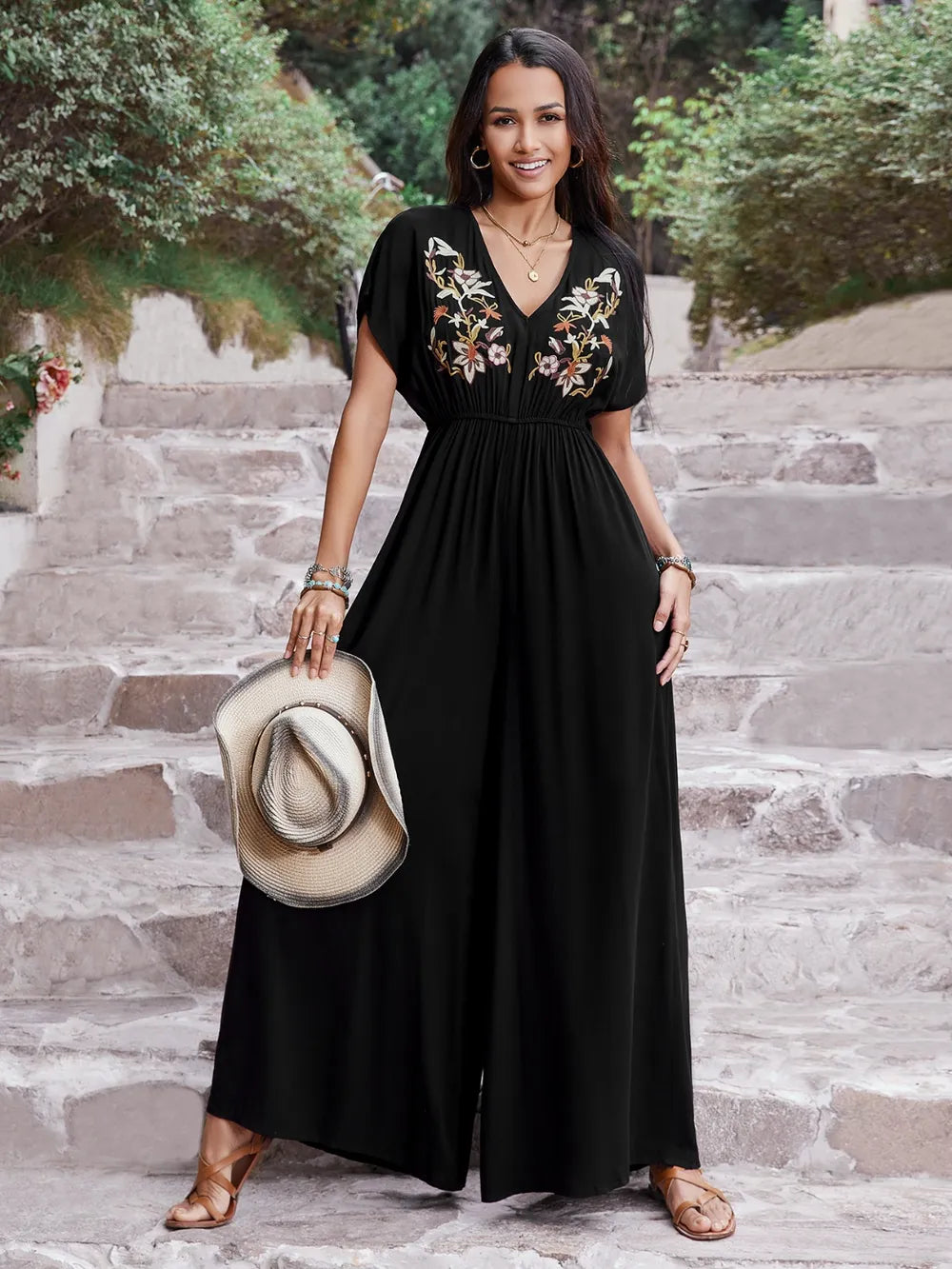 Embroidered Ruched Short Sleeve Jumpsuit-Nordavory