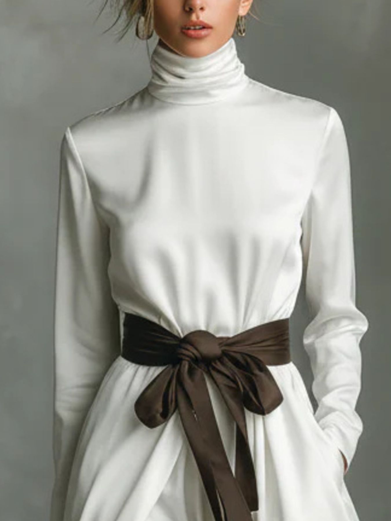 Turtleneck Tie Waist Midi Dress-Nordavory