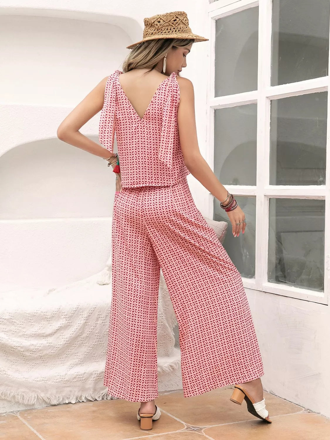 Gingham Tie Shoulder Top and Pants Set-Nordavory